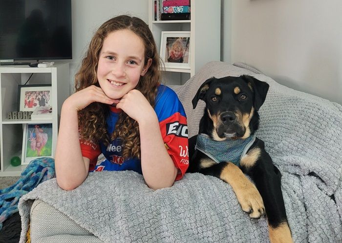 Two SPCA dogs in their adoptive homes, with loving families