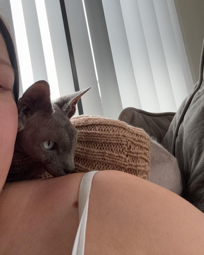 Furrdinand in one of his new jumpers, atop his new mum's shoulder.