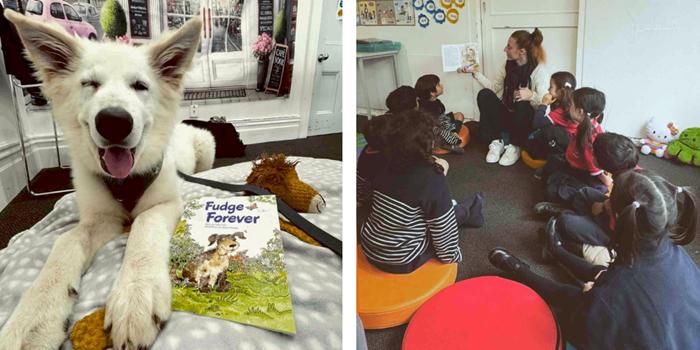 Fudge the white dog sitting with SPCA book, and class reading SPCA Instructional Readers